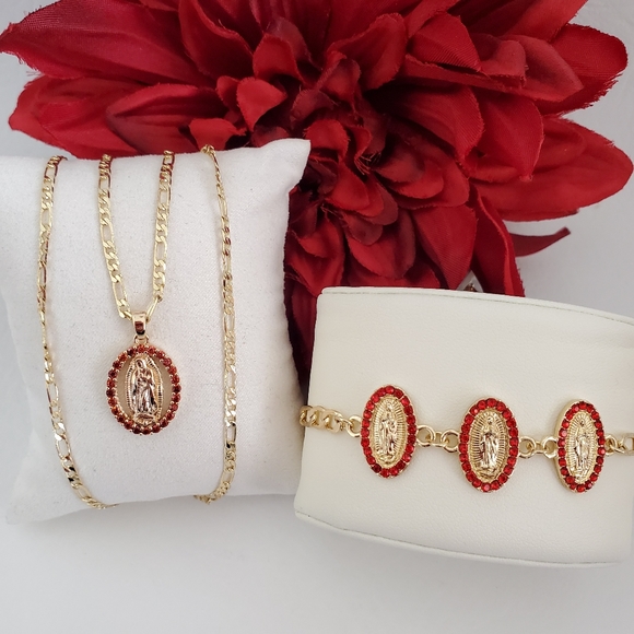 Red Crystal Lady of Guadalupe Gold Plated Necklace & Bracelet - Picture 1 of 7